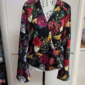 Guess Floral Wrap Blouse - Black and Multicolor